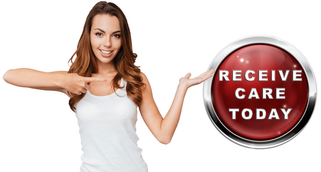 personal injury young woman pointing to red button that says receive care today