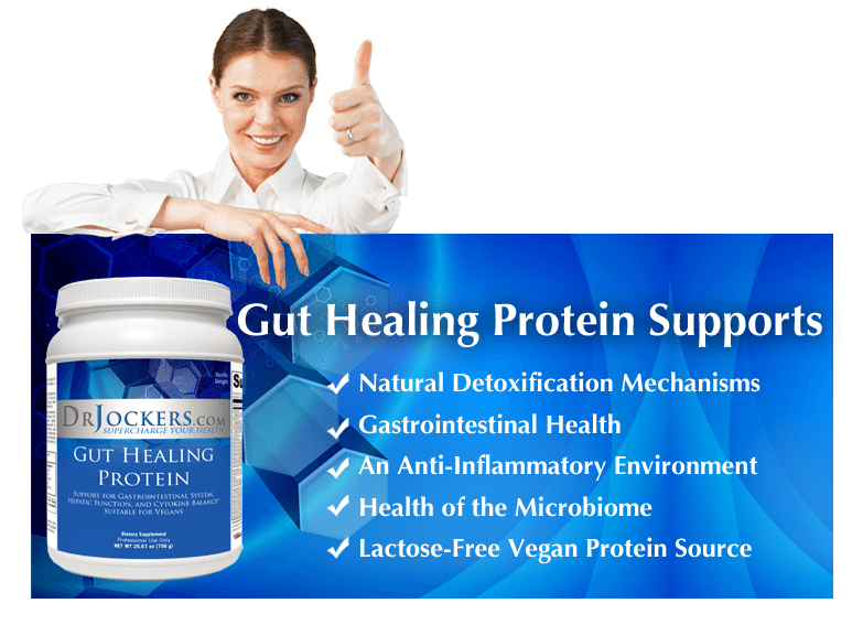 blog picture of lady with thumb up and a bottle of gut protein and benefits listed