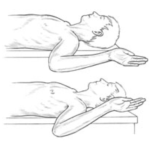 Figure 4 39 A and B Assessment and MET Self Treatment Position for Subscapularis
